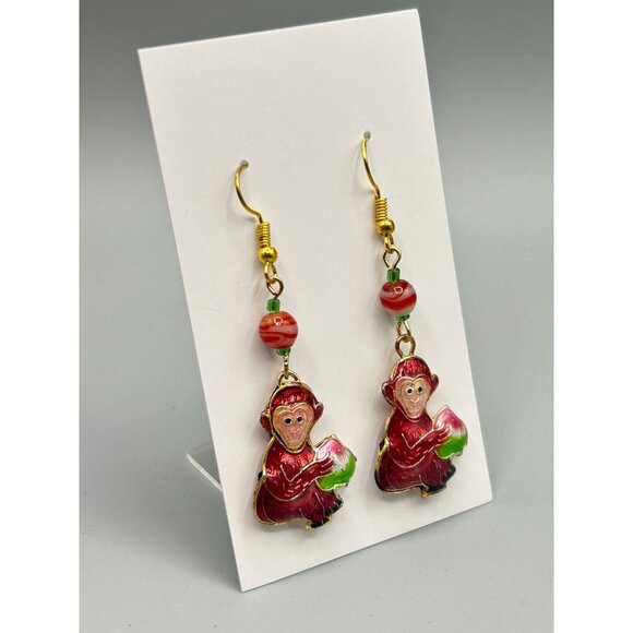 Vintage Enamel Monkey Dangle Earrings Double Sided with Bead Accents - Picture 2 of 5